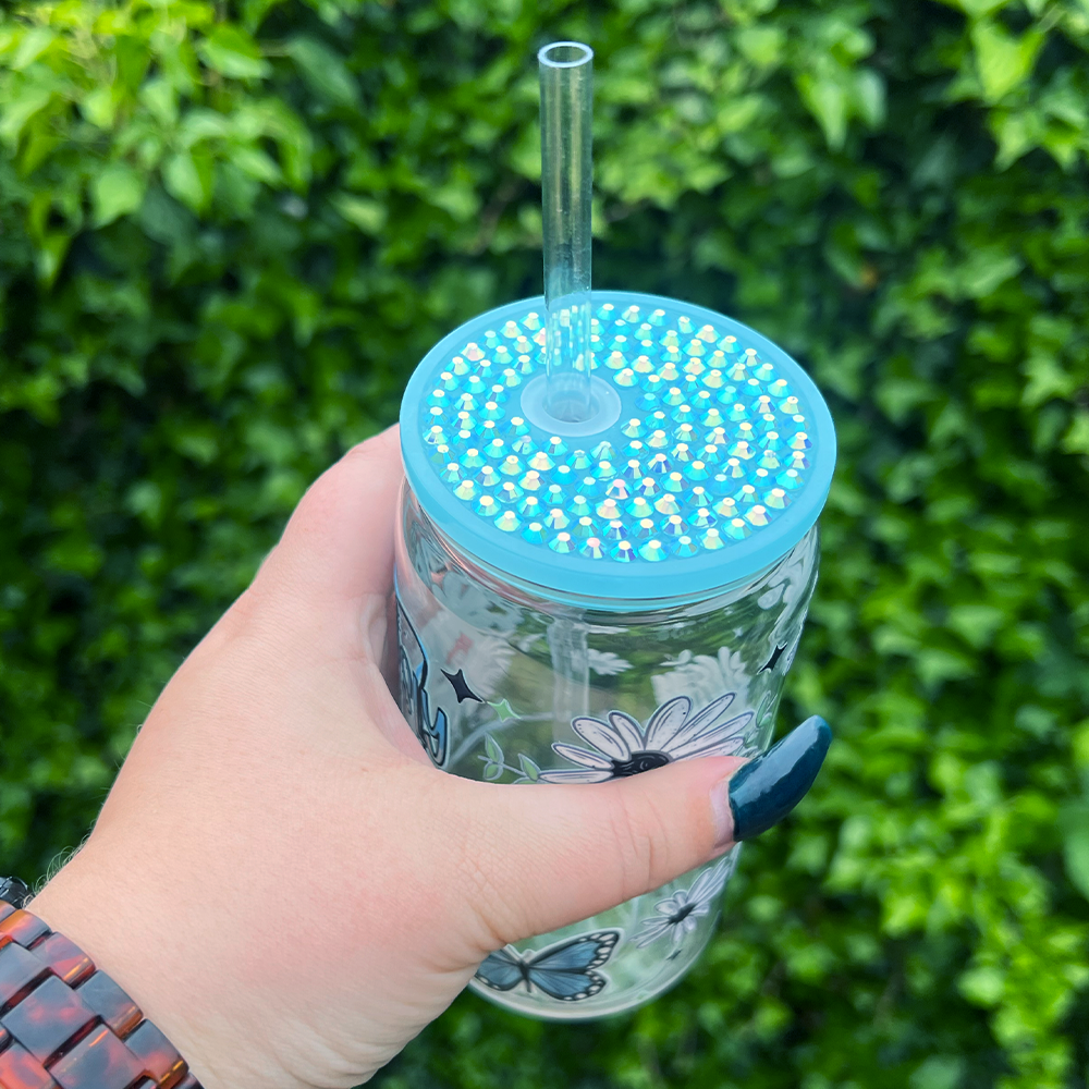 Live Fearlessly Rhinestone Can Glass