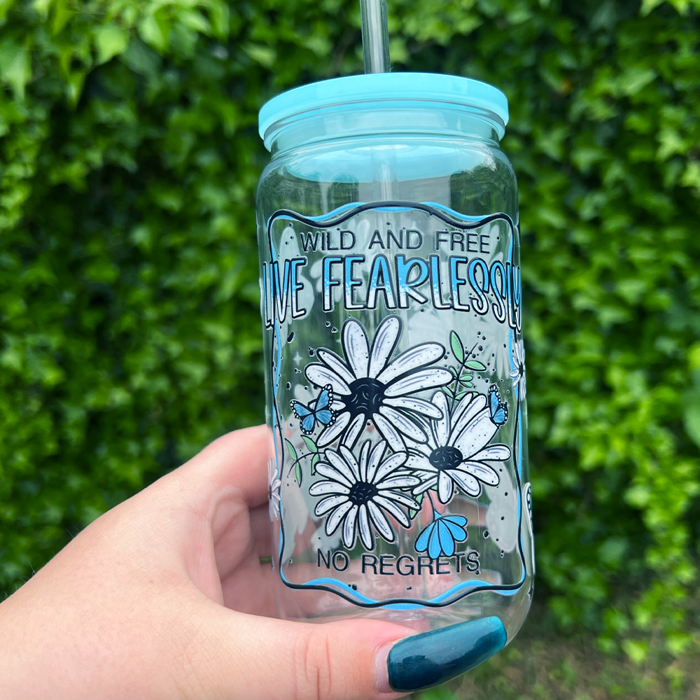 Live Fearlessly Rhinestone Can Glass