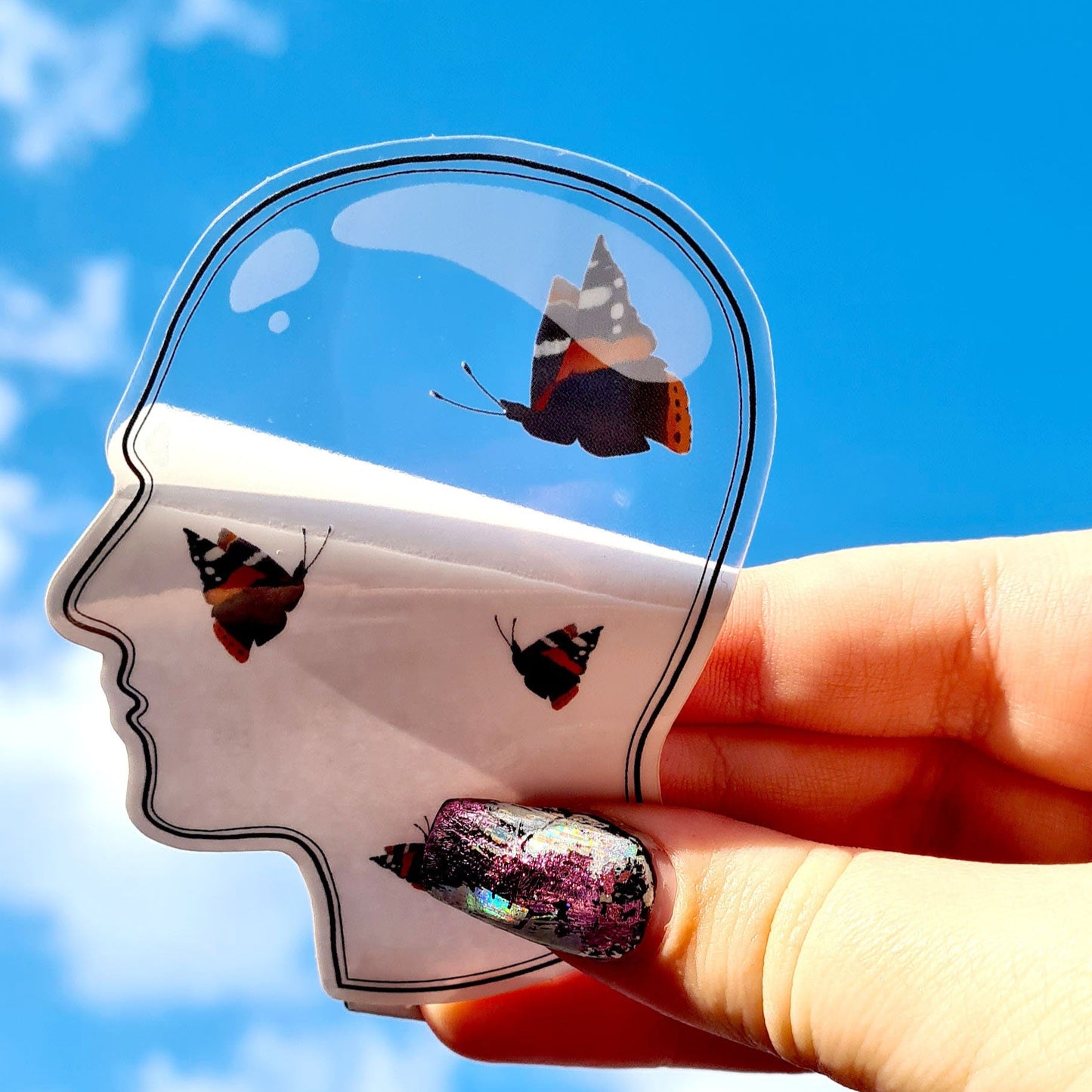 Transparent Flutter Brain Sticker with Backing Half Peeled Off