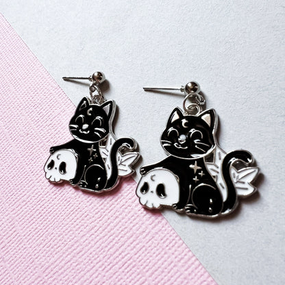 Cat Skull Drop Stud Earrings