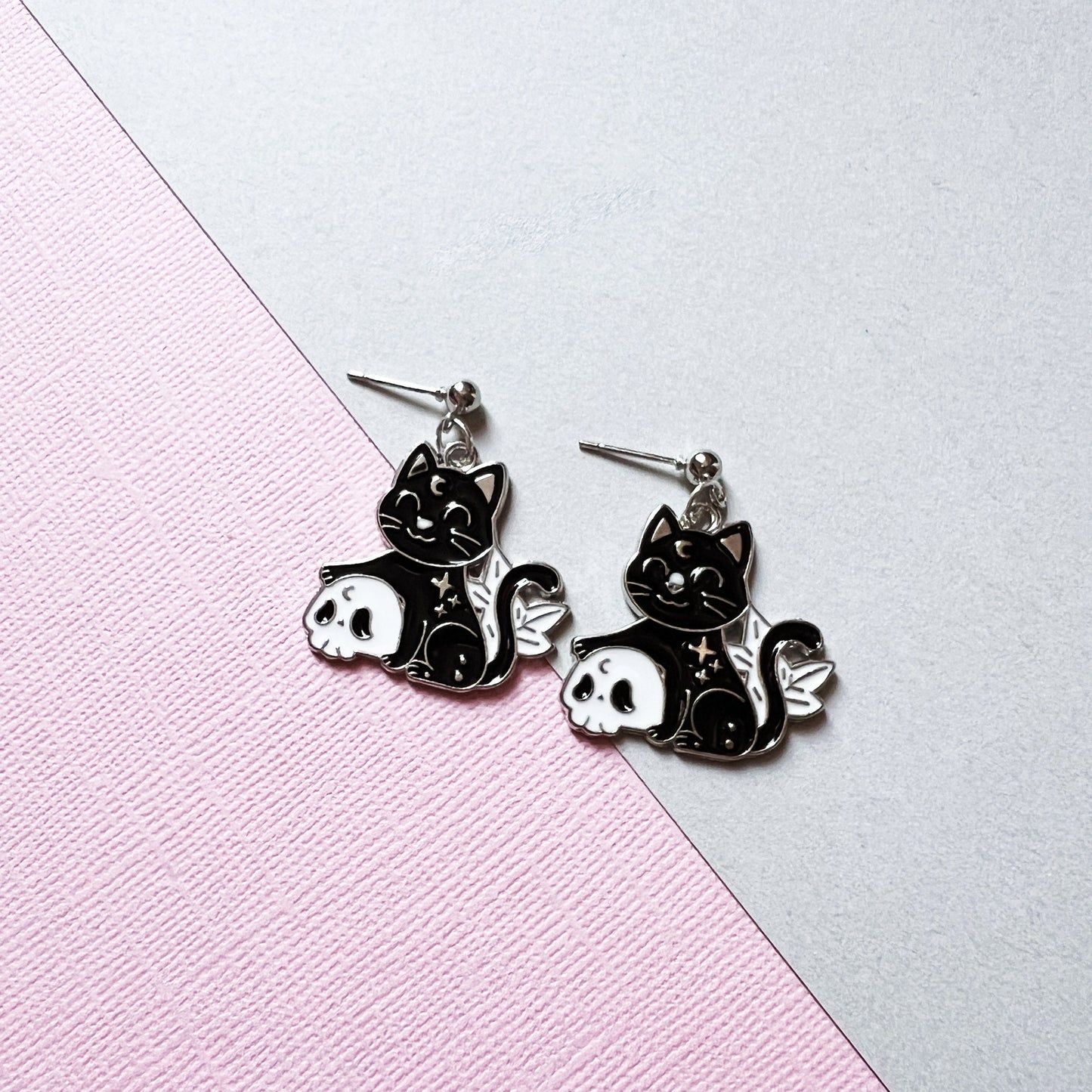 Cat Skull Drop Stud Earrings