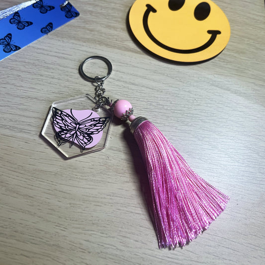 Pink Butterfly Hexagon Keychain