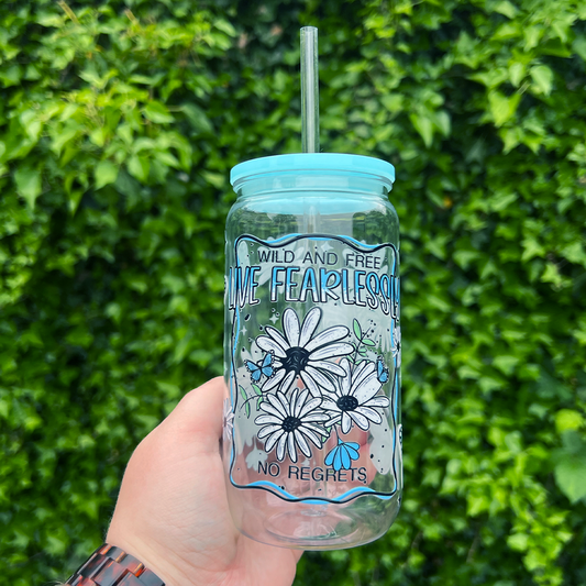 Live Fearlessly Rhinestone Can Glass