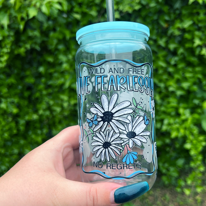 Live Fearlessly Rhinestone Can Glass