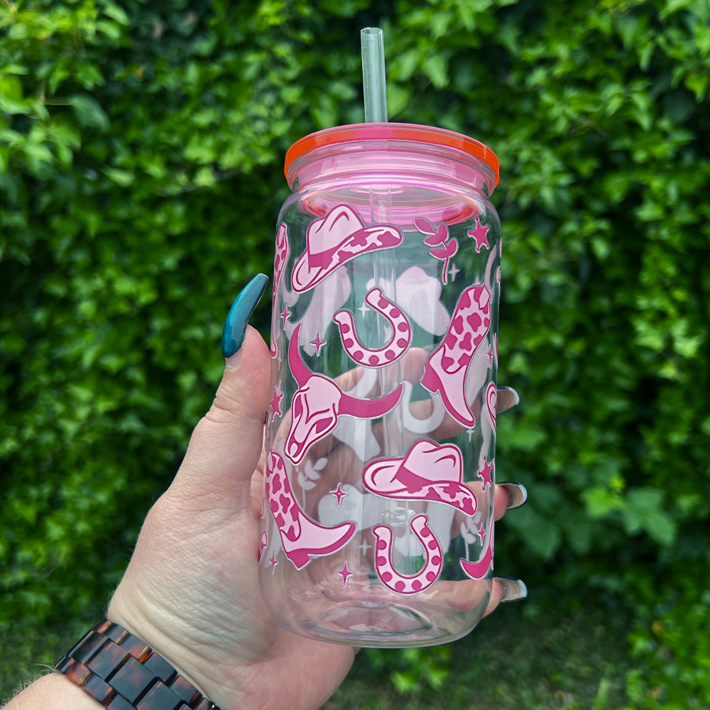 Pink Cowboy Can Glass