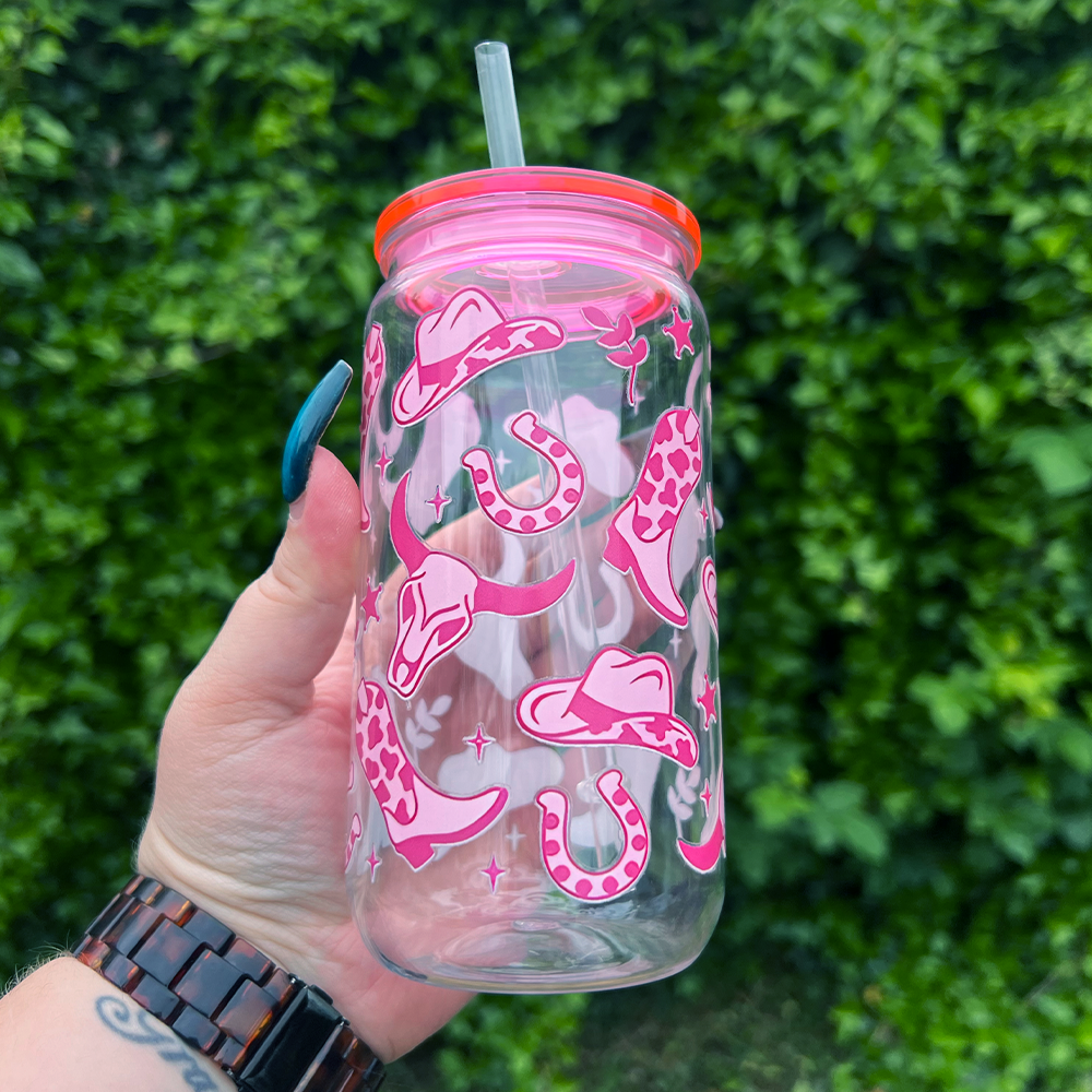 Pink Cowboy Can Glass