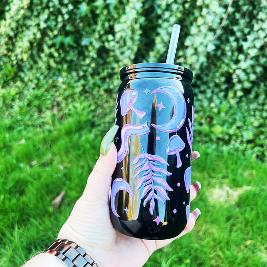 Black tumbler with celestial mushroom design