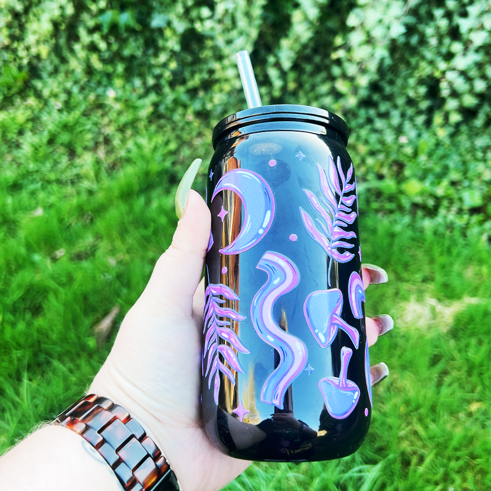 Black tumbler with celestial mushroom design