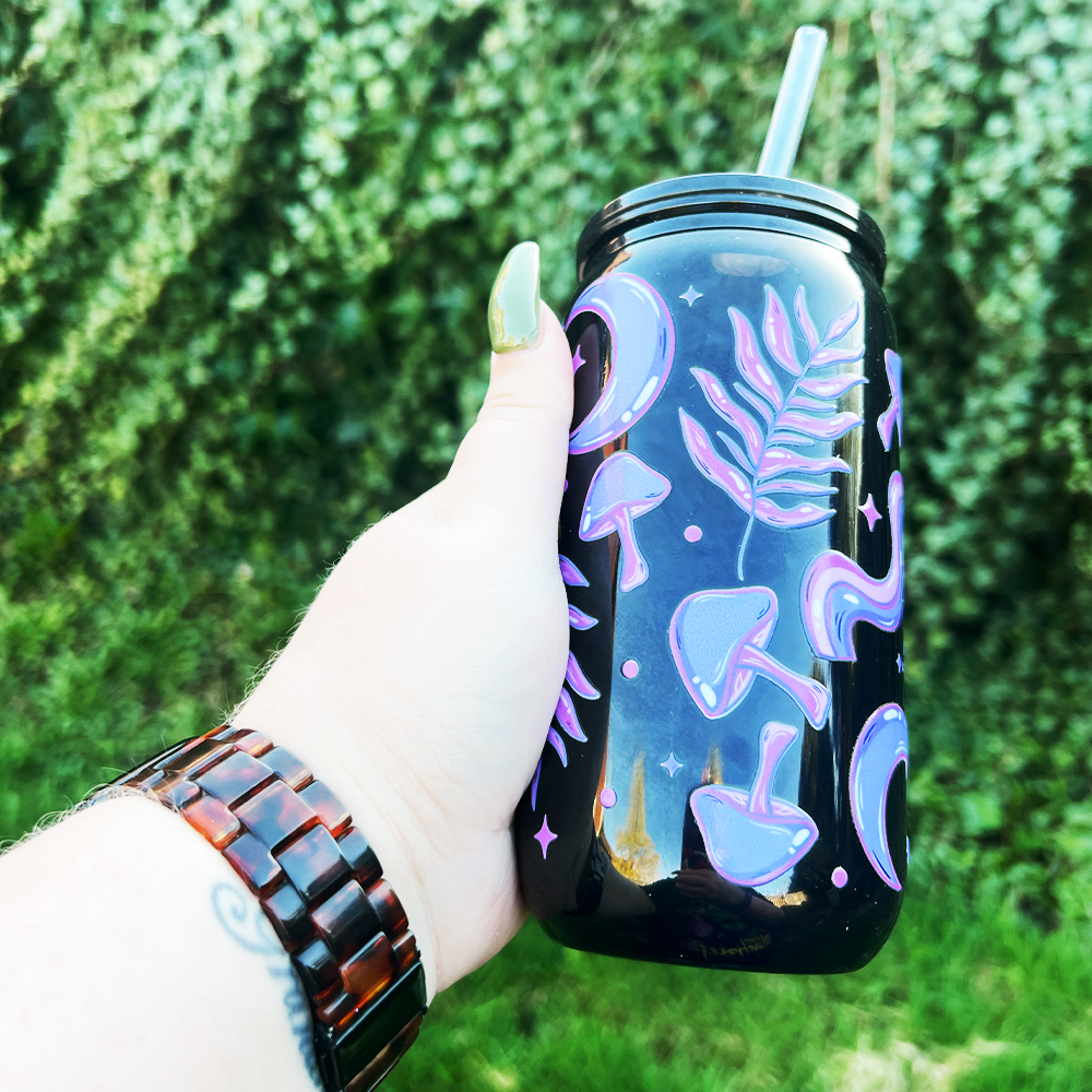 Black tumbler with celestial mushroom design