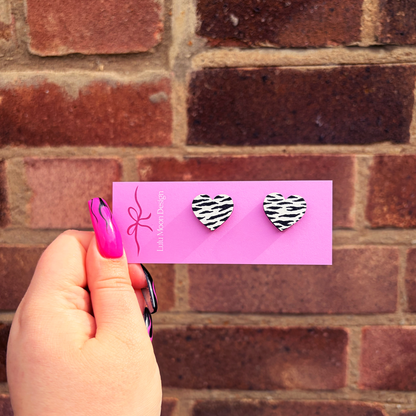 Zebra Pattern Heart Studs