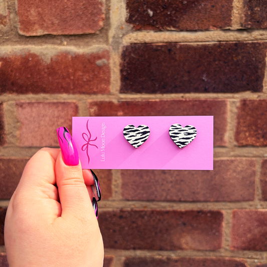 Zebra Pattern Heart Studs